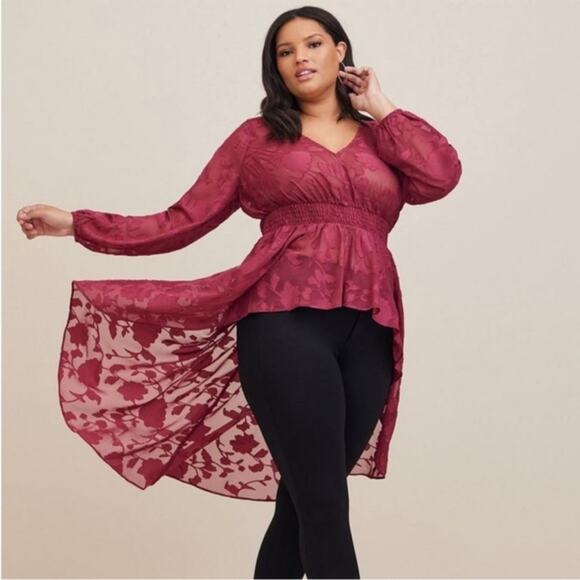 Torrid Chiffon Floral Hi Low Tunic Sheer Maroon Burgundy Blouse Top Size 3x - Picture 1 of 10